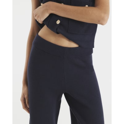 Navy Knitted Wide Leg Trousers