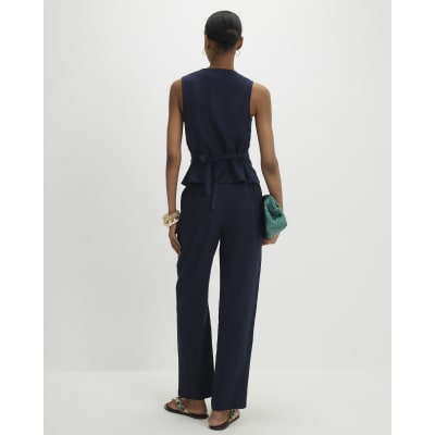 Navy Linen Blend Drawstring Tapered Trousers