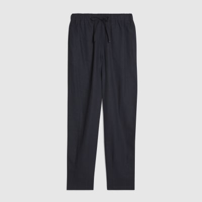 Navy Linen Blend Drawstring Tapered Trousers