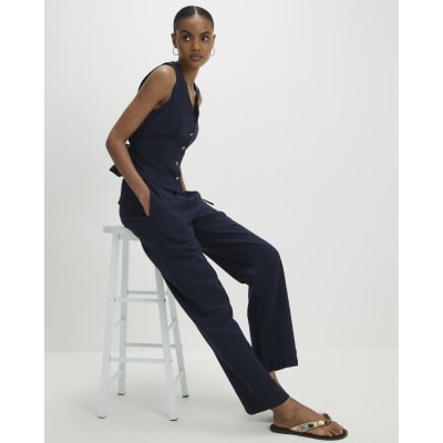 Navy Linen Blend Drawstring Tapered Trousers