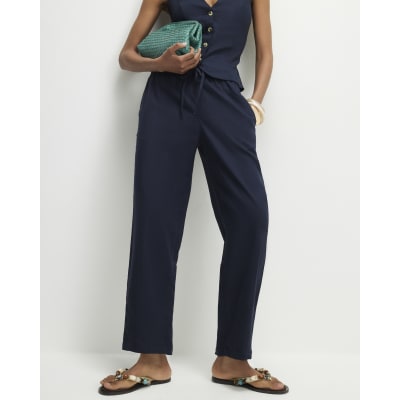 Navy Linen Blend Drawstring Tapered Trousers