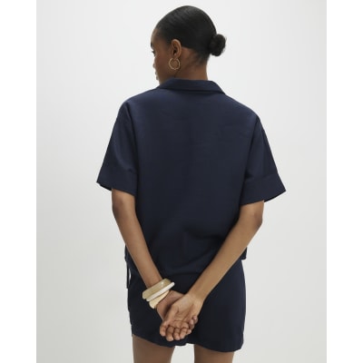 Navy Linen Blend Short Sleeve Shirt