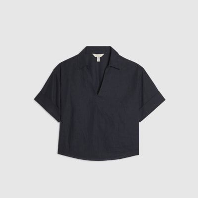 Navy Linen Blend Short Sleeve Shirt