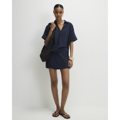 Navy Linen Blend Short Sleeve Shirt