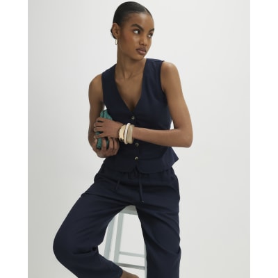Navy Linen Blend Waistcoat