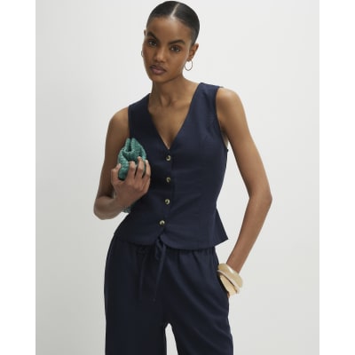 Navy Linen Blend Waistcoat