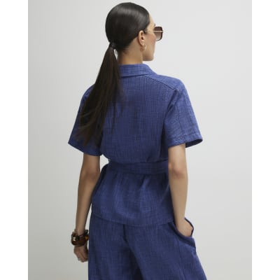 Navy Linen Look Collared Belted Top