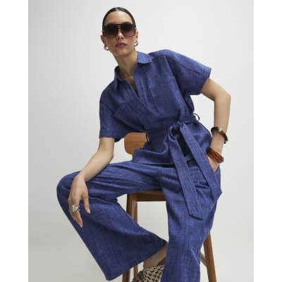 Navy Linen Look Collared Belted Top