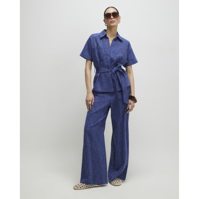 Navy Linen Look Collared Belted Top