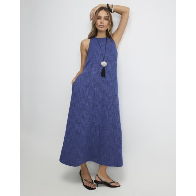 Navy Linen Look Midi Dress