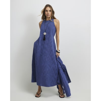 Navy Linen Look Midi Dress