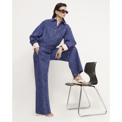 Navy Linen Look Wide Leg Trousers