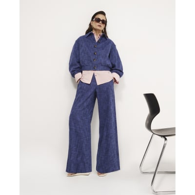 Navy Linen Look Wide Leg Trousers