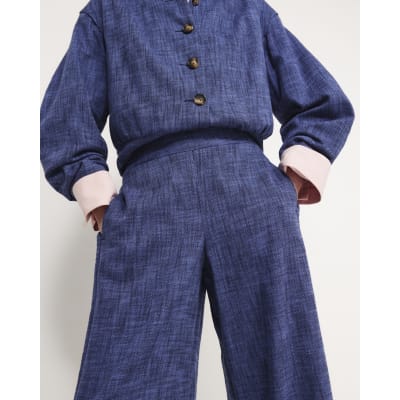 Navy Linen Look Wide Leg Trousers