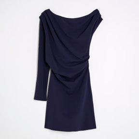 Navy Long Sleeve Asymmetric Drape Mini Dress