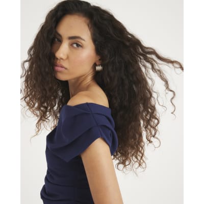 Navy Long Sleeve Asymmetric Drape Mini Dress