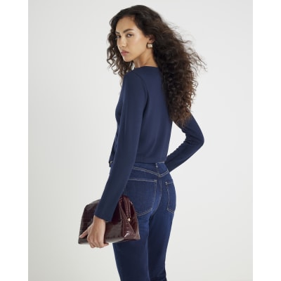 Navy Long Sleeve Cropped Heart Top