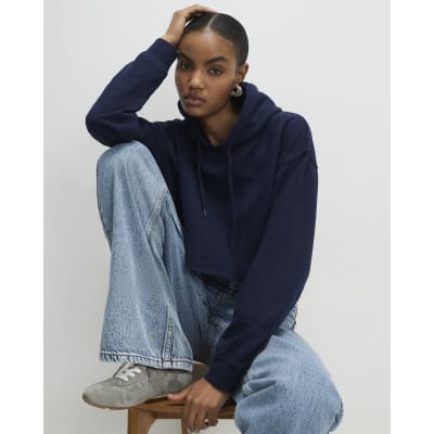 Navy Long Sleeve Cropped Hoodie