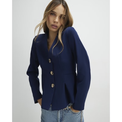 Navy Long Sleeve Pleated Jacket