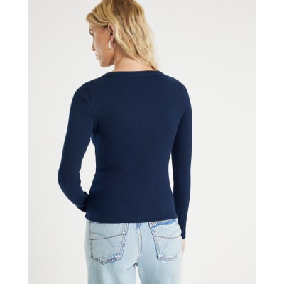 Navy Long Sleeve Popper Through Ribbed Top