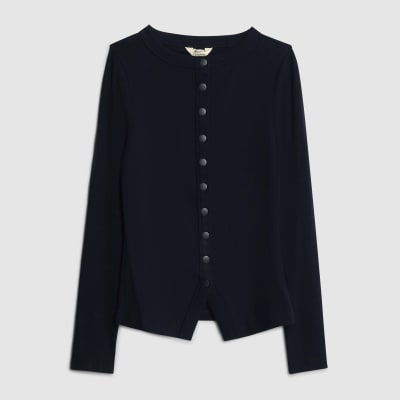 Navy Long Sleeve Popper Through Ribbed Top