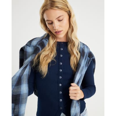 Navy Long Sleeve Popper Through Ribbed Top