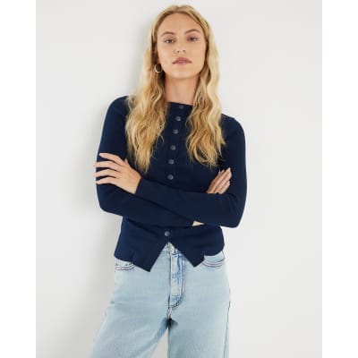 Navy Long Sleeve Popper Through Ribbed Top