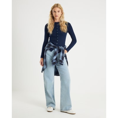 Navy Long Sleeve Popper Through Ribbed Top