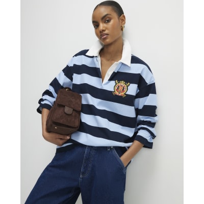 Navy Long Sleeve Striped Rugby Top