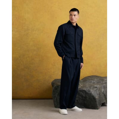 Navy Loose Fit Pinstripe Trousers