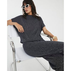 Navy Lurex Ribbed T-Shirt