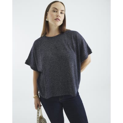 Navy Lurex Ribbed T-Shirt