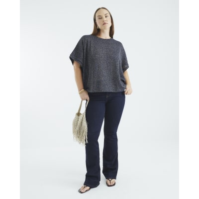 Navy Lurex Ribbed T-Shirt