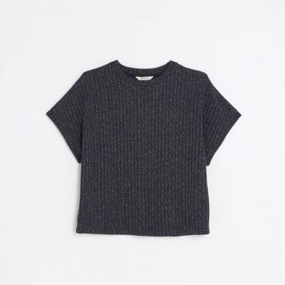 Navy Lurex Ribbed T-Shirt