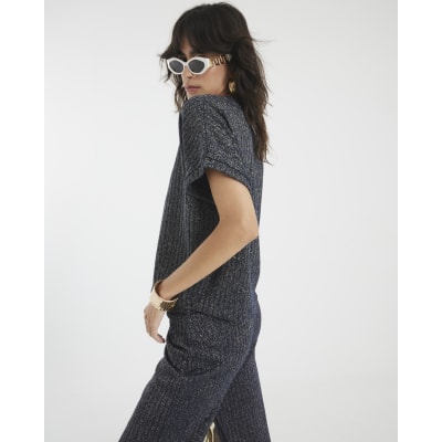 Navy Lurex Ribbed T-Shirt
