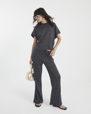 Navy Lurex Ribbed T-Shirt