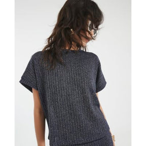Navy Lurex Ribbed T-Shirt