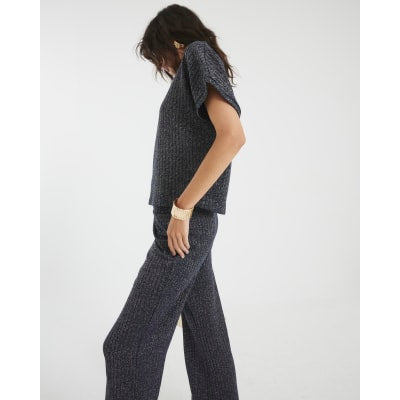 Navy Lurex Ribbed Wide Leg Trousers