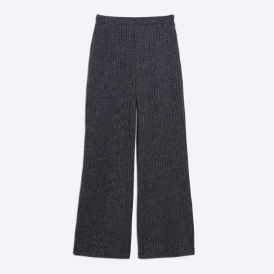 Navy Lurex Ribbed Wide Leg Trousers