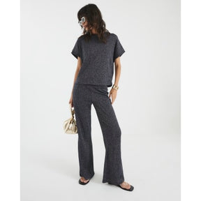 Navy Lurex Ribbed Wide Leg Trousers