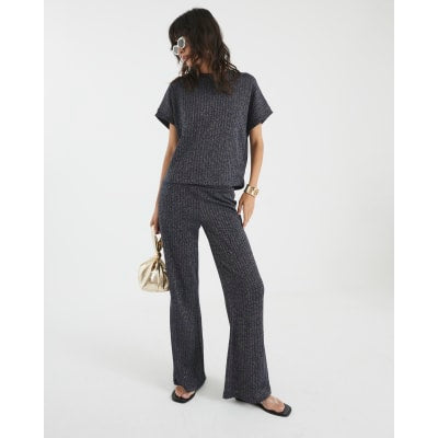 Navy Lurex Ribbed Wide Leg Trousers