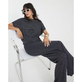 Navy Lurex Ribbed Wide Leg Trousers