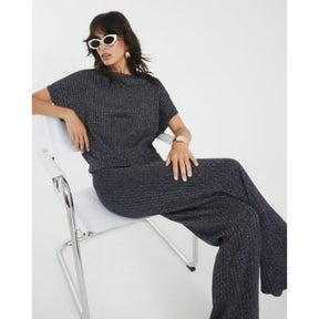 Navy Lurex Ribbed Wide Leg Trousers