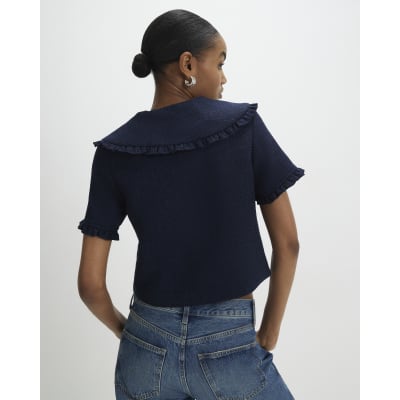 Navy Oversized Collar Boucle Top