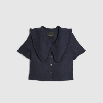 Navy Oversized Collar Boucle Top