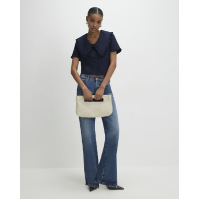 Navy Oversized Collar Boucle Top