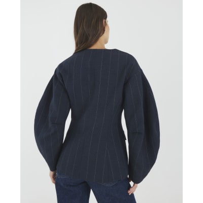 Navy Pinstripe Cocoon Sleeve Blazer