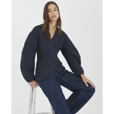 Navy Pinstripe Cocoon Sleeve Blazer