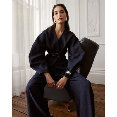 Navy Pinstripe Cocoon Sleeve Blazer