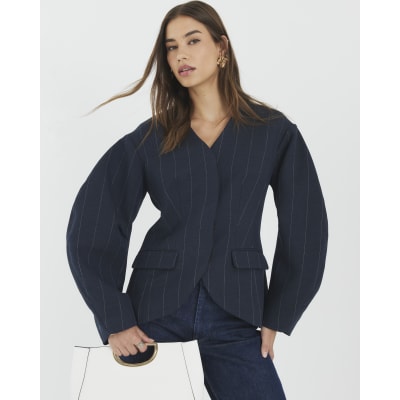 Navy Pinstripe Cocoon Sleeve Blazer